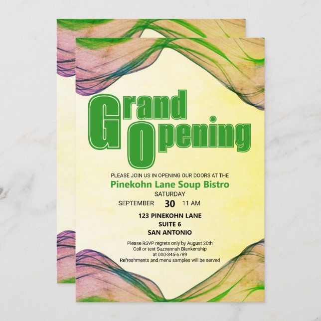 Grand Opening Green Yellow Watercolor Border Wave  Invitation (Front/Back)