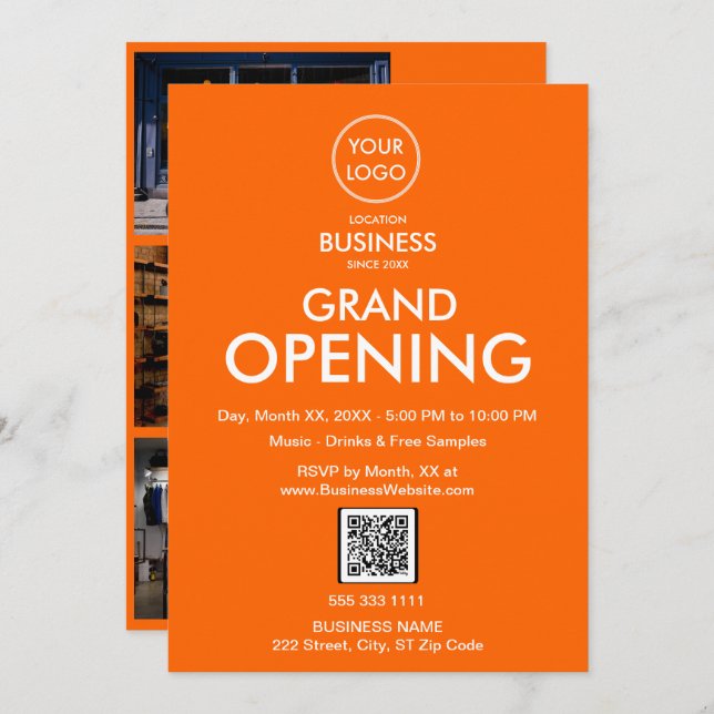 Grand Opening Modern Orange Business Logo QR Code Invitation (Front/Back)