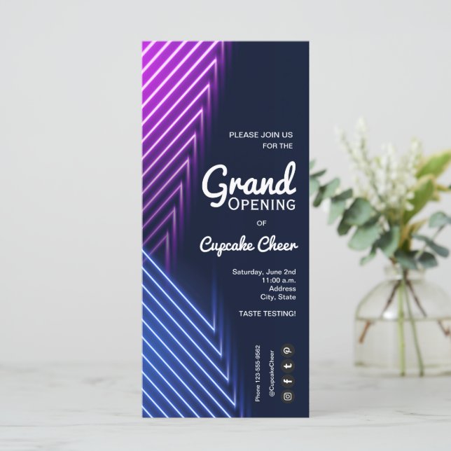 Grand Opening Pink Purple Neon Invitations (Standing Front)