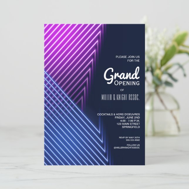 Grand Opening Pink Purple Neon Invitations (Standing Front)