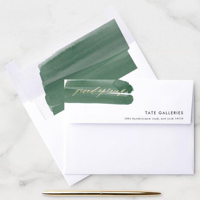 Grand Opening Ribbon Return Address Envelope (Green watercolor opening ribbon return address envelope with matching liner.)