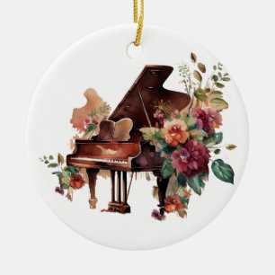 Grand Piano and Floral Christmas Ornament