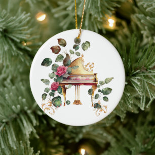 Grand Piano and Floral Christmas Ornament