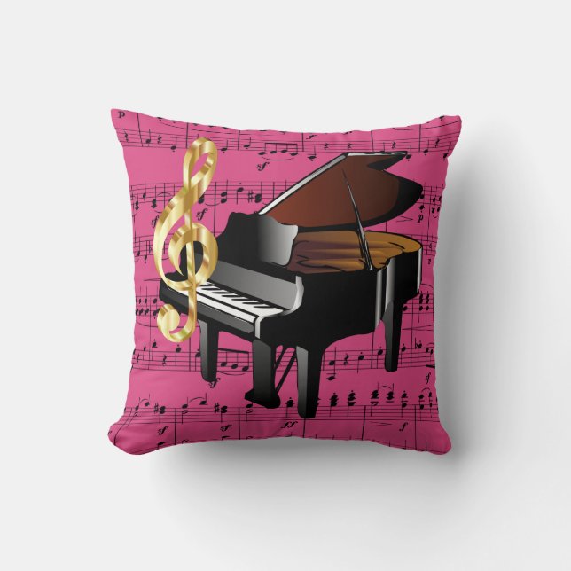 Grand Piano Gold Treble Clef Fuchsia Sheet Music Cushion (Front)