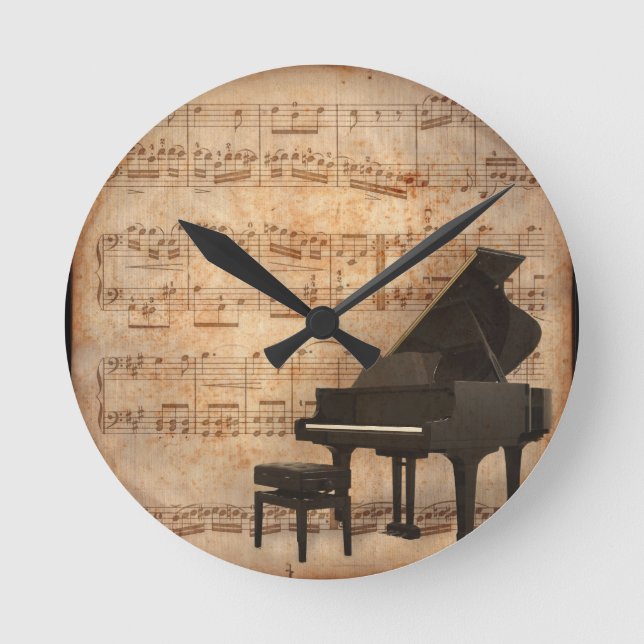 Grand Piano with Music Notes Round Clock (Front)