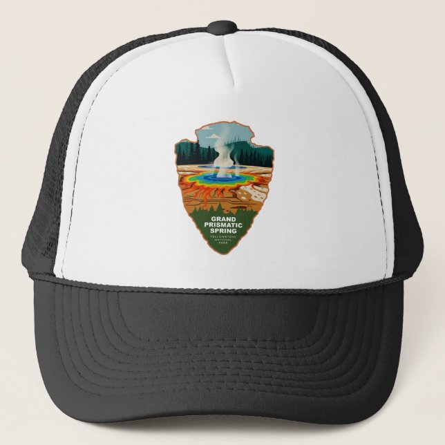 Grand Prismatic Spring Yellowstone Arrowhead Trucker Hat (Front)