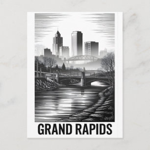 Grand Rapids Michigan Skyline Black White Woodcut Holiday Postcard