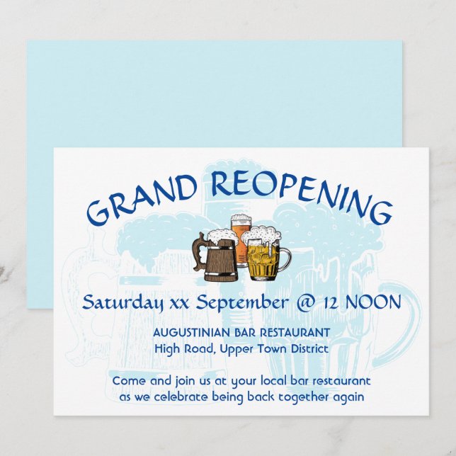 GRAND REOPENING Bar Reunion Customisable PALE BLUE Invitation (Front/Back)