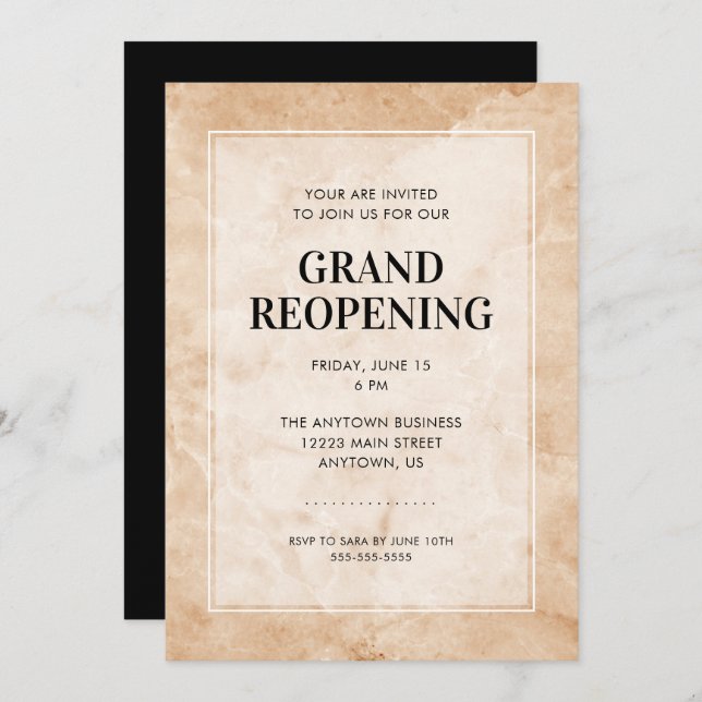 Grand Reopening Event Stylish Marble Background Invitation (Front/Back)