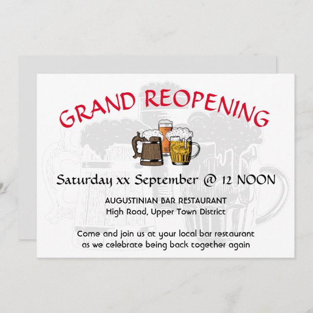 GRAND REOPENING Pub Reunion Customisable GRAY Invitation (Front/Back)