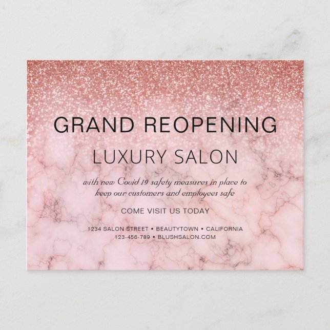 Grand Reopening Rose Gold Glitter Salon Announcement Postcard (Front)