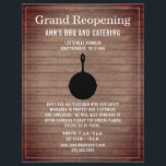 Grand Reopening Rustic Restaurant Skillet Wood Flyer<br><div class="desc">Illustration of an iron skillet with spoon,  whisk and spatula over a wood background.  Personalize the text.</div>