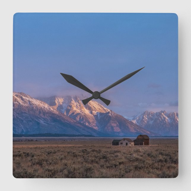 Grand Teton Mountain and Prairie Square Wall Clock (Front)