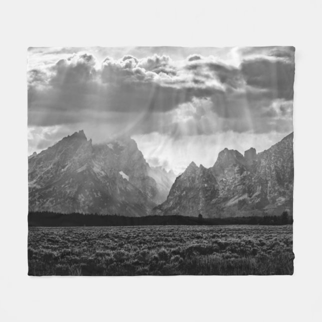 Grand Teton Mountain Range in Black and White Fleece Blanket (Front (Horizontal))