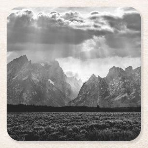 Grand Teton Mountain Range in Black and White Square Paper Coaster