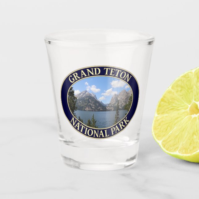 Grand Teton Mountains and Jenny Lake, Wyoming Shot Glass (Front)