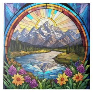 Grand Teton Mountains Faux Stained Glass Mountain Ceramic Tile