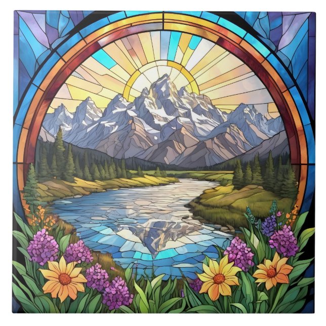 Grand Teton Mountains Faux Stained Glass Mountain Ceramic Tile (Front)