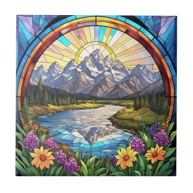 Grand Teton Mountains Faux Stained Glass Mountain Ceramic Tile (Front)
