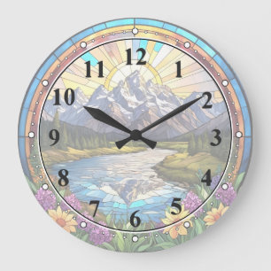 Grand Teton Mountains Faux Stained Glass Mountain Large Clock