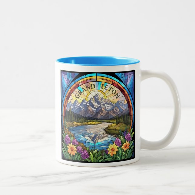 Grand Teton Mountains Faux Stained Glass Mountain Two-Tone Coffee Mug (Right)