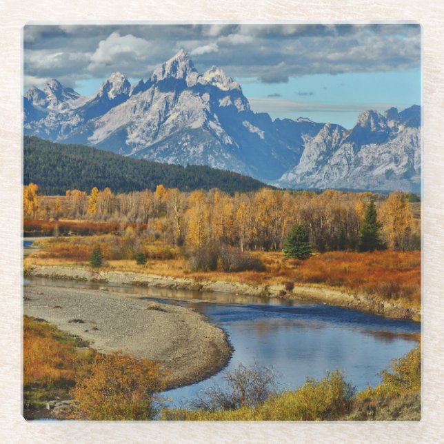 Grand Teton Mountains River View in Autumn Glass Coaster (Front)