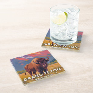 Grand Teton National Park Bison Travel Art Glass Coaster
