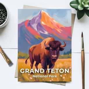 Grand Teton National Park   Bison Travel Art Postcard