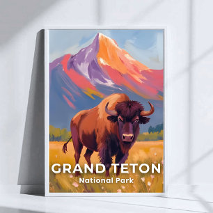 Grand Teton National Park Bison Travel Art Poster