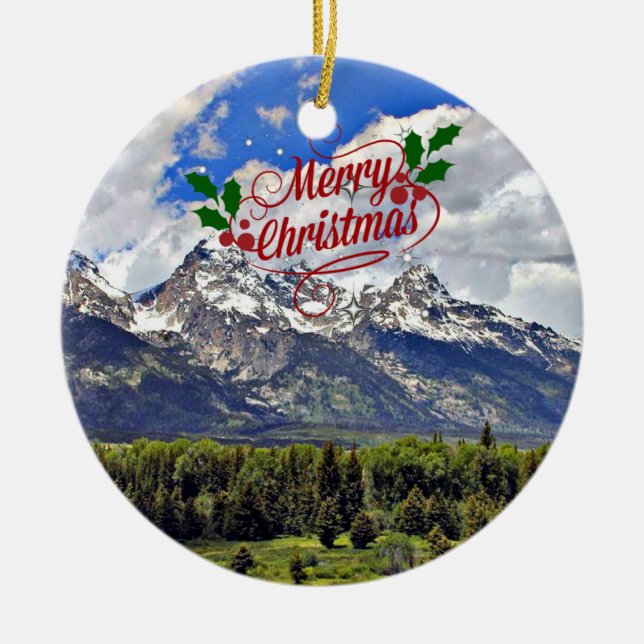 Grand Teton National Park Christmas Greetings Ceramic Ornament (Front)
