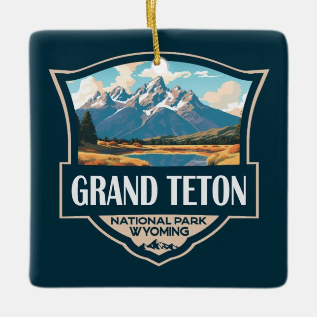 Grand Teton National Park Illustration Retro Ceramic Ornament (Front)