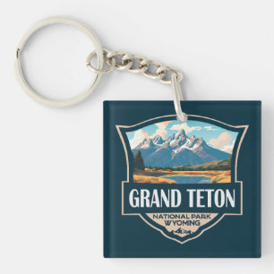 Grand Teton National Park Illustration Retro Key Ring