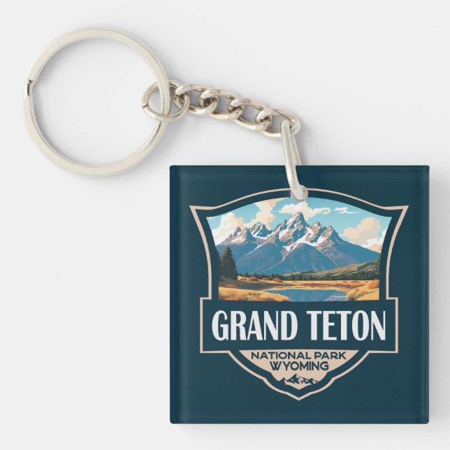 Grand Teton National Park Illustration Retro Key Ring (Front)