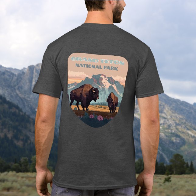 Grand Teton National Park Jackson Wyoming Mountain T-Shirt (Grand Teton National Park tshirt on a man in front of the mountains of in Wyoming)