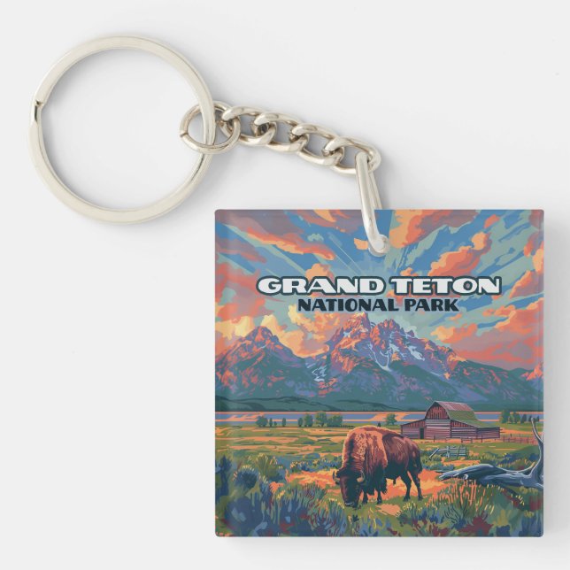 Grand Teton National Park Mountains Bison Wyoming Key Ring (Front)