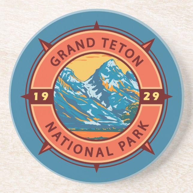 Grand Teton National Park Retro Compass Emblem Coaster (Front)