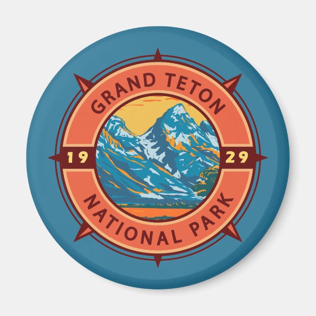 Grand Teton National Park Retro Compass Emblem Magnet (Front)