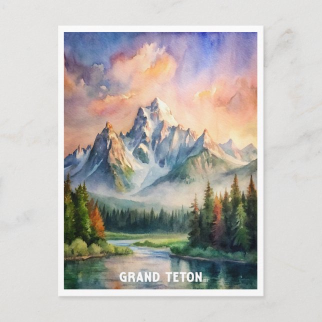 Grand Teton National Park Watercolor Painting Postcard (Front)