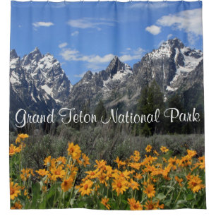 Grand Teton Souvenir Photo Snow Caps and Flowers Shower Curtain