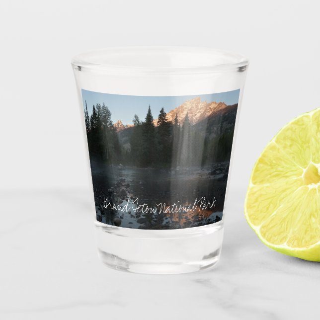 Grand Teton Sunrise at Cottonwood Creek Shot Glass (Front)