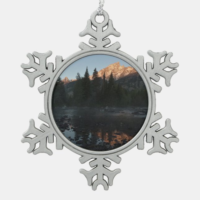 Grand Teton Sunrise at Cottonwood Creek Snowflake Pewter Christmas Ornament (Front)