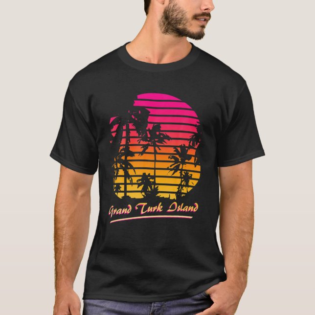Grand Turk Island Cool 80s Palm Trees Summer Sunse T-Shirt (Front)