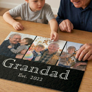 Grandad Est. Minimal White Bold Text 3 Photo Jigsaw Puzzle