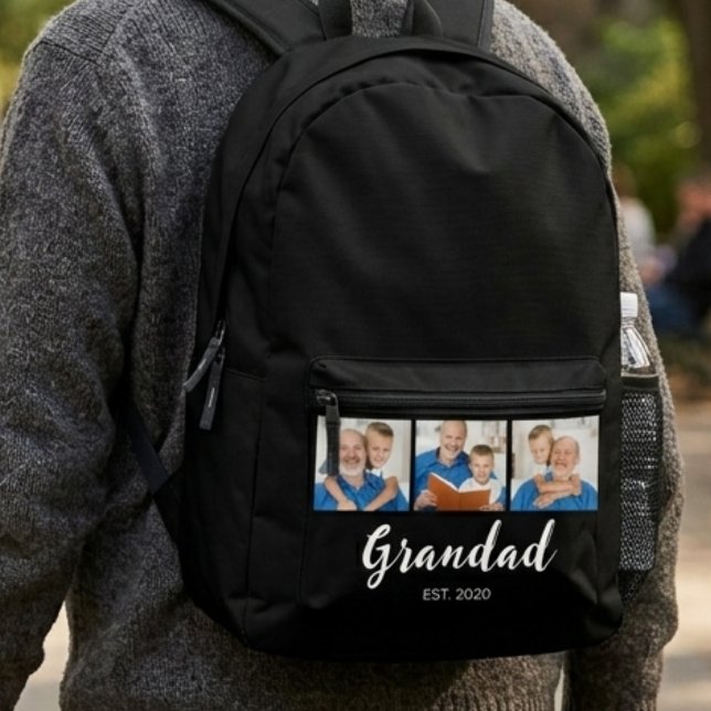 Grandad Established Modern Script 3 Photo Black  Printed Backpack (Creator Uploaded)