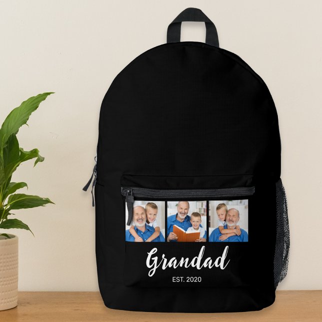 Grandad Established Modern Script 3 Photo Black  Printed Backpack (Creator Uploaded)