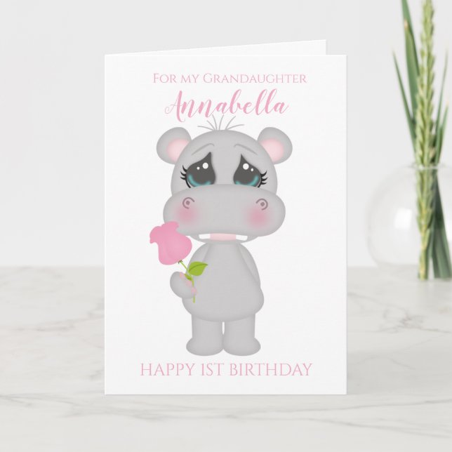 Grandaughter First Birthday Cute Pink Hippo Photo Card (Front)