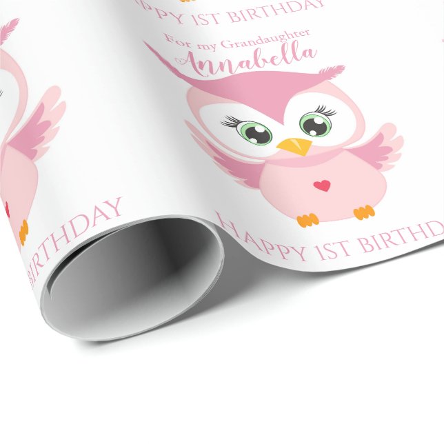 Grandaughter First Birthday Cute Pink Owl Wrapping Paper (Roll Corner)
