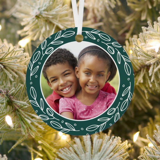 Grandchildren Festive Green Custom Holiday Photo Metal Tree Decoration (Insitu)
