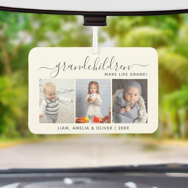 Grandchildren Make Life Grand 3 Photo Gray Script Car Air Freshener (Creator Uploaded)
