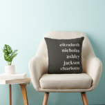 Grandchildren Names Black Modern Trendy Gift Cushion<br><div class="desc">Brighten up any space with this stunning Black Throw Pillow, featuring modern, bold typography that proudly displays the names of cherished grandchildren. This trendy design blends contemporary style with heartfelt sentiment, making it a perfect gift for grandparents. Whether displayed on a couch, bed, or favourite chair, this personalised keepsake is...</div>